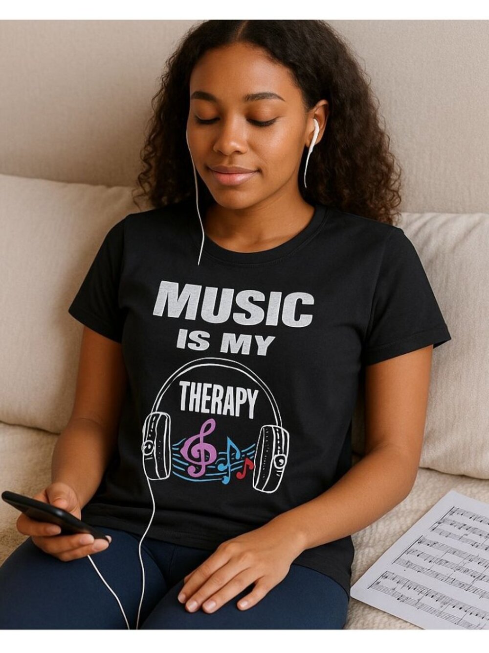 Music Is My Therapy T Shirt Size M Black Retro Graphic Tee Headphones Notes